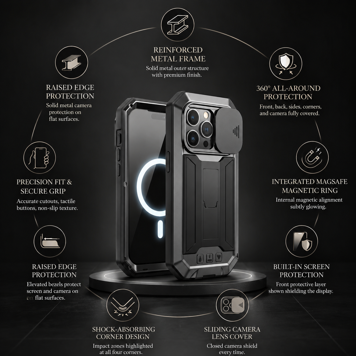 Premium iPhone Case MagSafe Compatible Rugged Metal Armor Shockproof Protective Cover Full Body Slide Camera Cover Tempered Glass Screen Heavy Duty Design