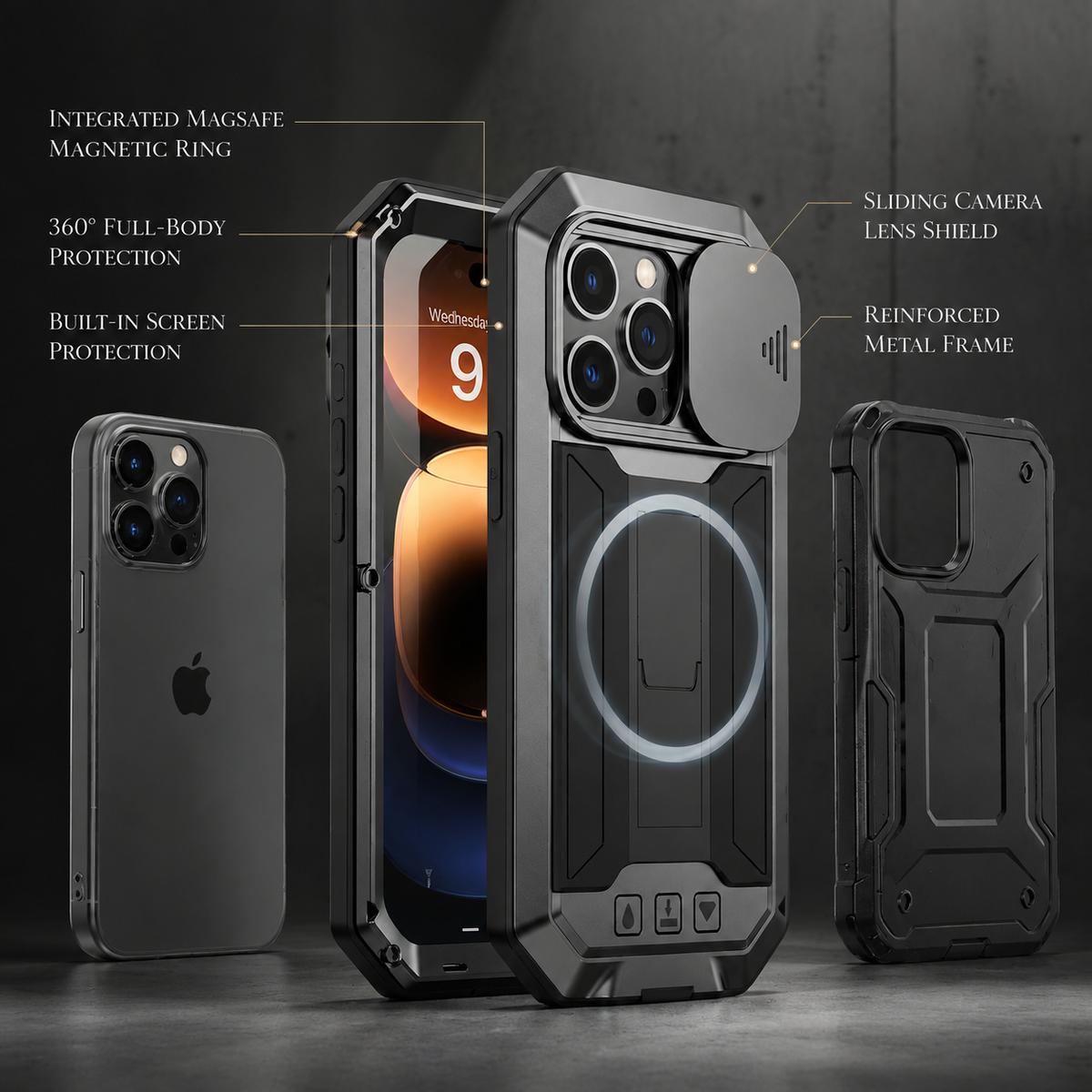 Premium iPhone Case MagSafe Compatible Rugged Metal Armor Shockproof Protective Cover Full Body Slide Camera Cover Tempered Glass Screen Heavy Duty Design