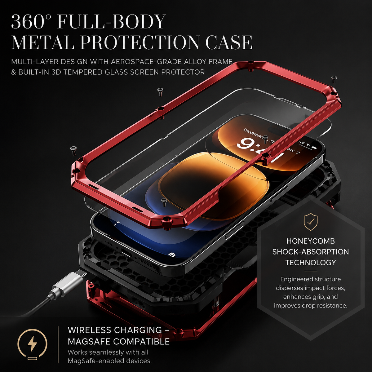Premium iPhone Case MagSafe Compatible Rugged Metal Armor Shockproof Protective Cover Full Body Slide Camera Cover Tempered Glass Screen Heavy Duty Design