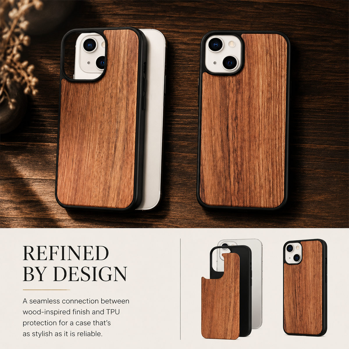 Premium iPhone Case MagSafe Compatible Solid Bamboo Wood Shockproof Protective Cover Hard Back Camera Lens Protection Slim Natural Design