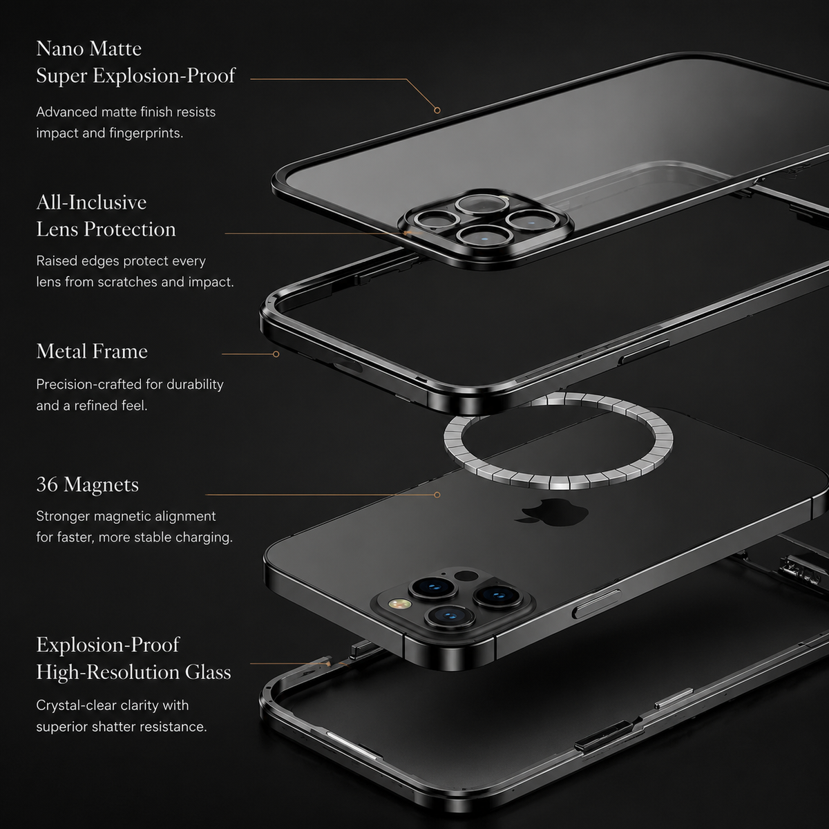 Premium iPhone Case MagSafe Compatible Transparent Tempered Glass Aluminum Frame Shockproof Protective Cover Full Body Camera Lens Protection Slim