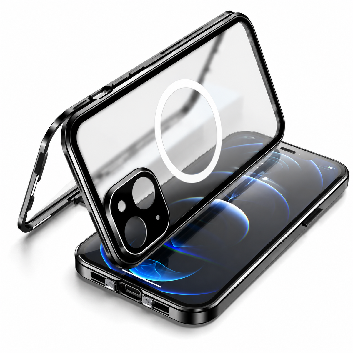 Premium iPhone Case MagSafe Compatible Transparent Tempered Glass Aluminum Frame Shockproof Protective Cover Full Body Camera Lens Protection Slim