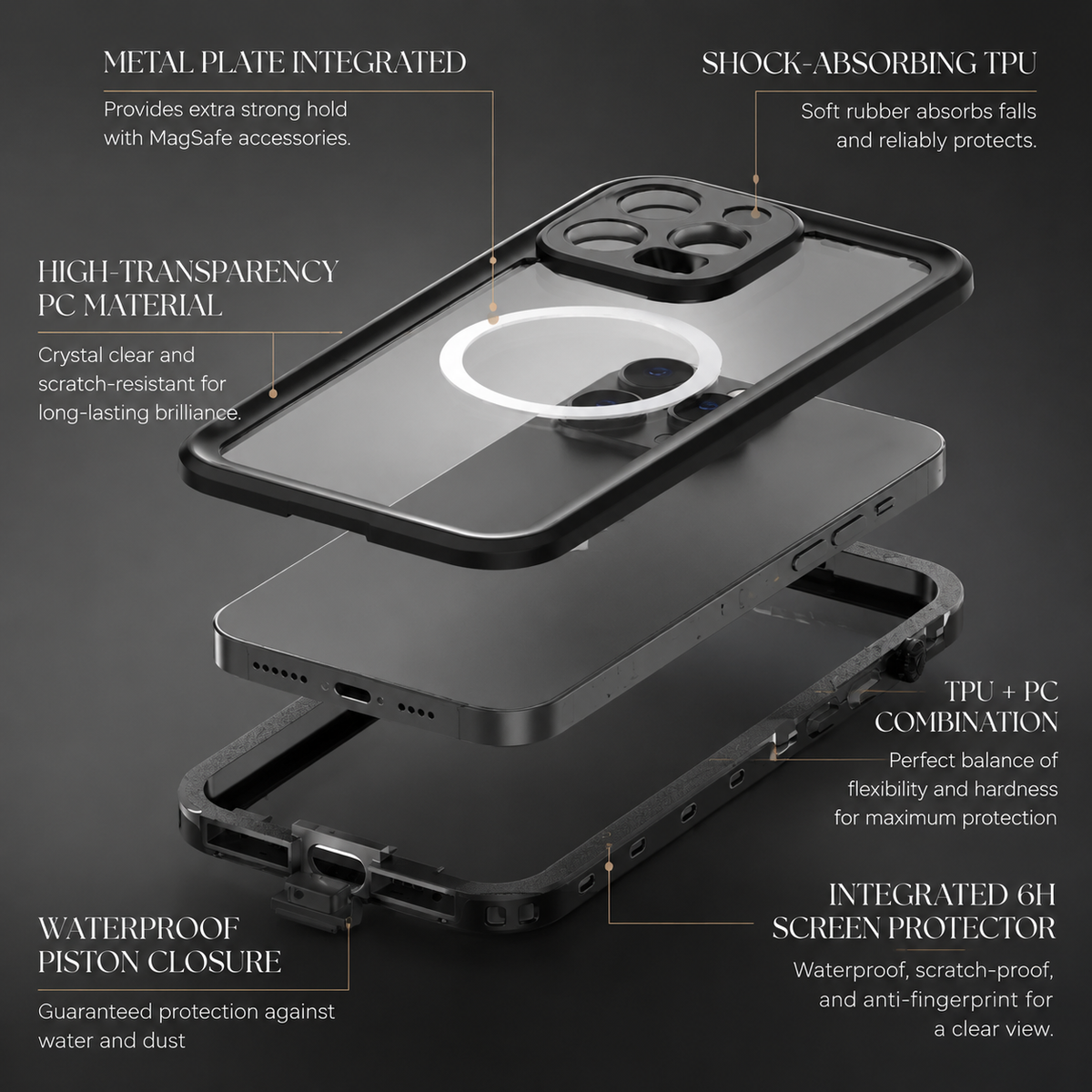Premium iPhone Case MagSafe Compatible Waterproof IP68 Shockproof Protective Cover Full Body Sealed Camera Lens Protection Dustproof Rugged Design