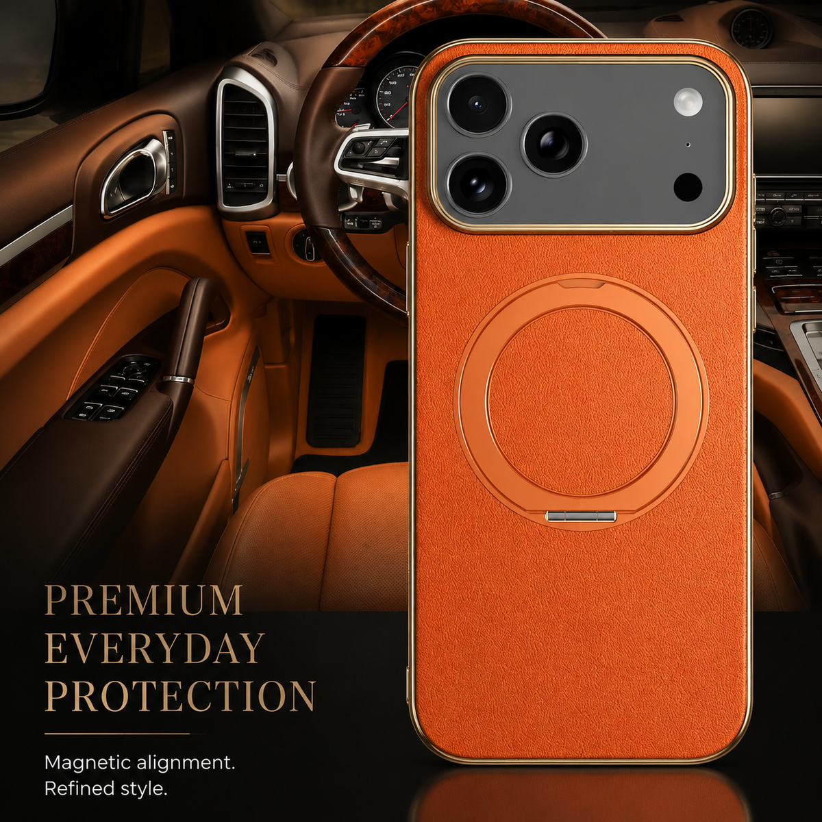 Premium iPhone Case MagSafe Cowhide Leather Magnetic Ring Holder Shockproof Protective Cover Camera Lens Protection PC TPU Anti Scratch Slim Grip