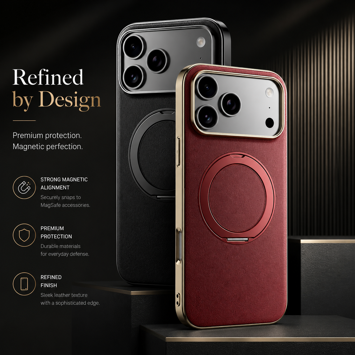 Premium iPhone Case MagSafe Cowhide Leather Magnetic Ring Holder Shockproof Protective Cover Camera Lens Protection PC TPU Anti Scratch Slim Grip