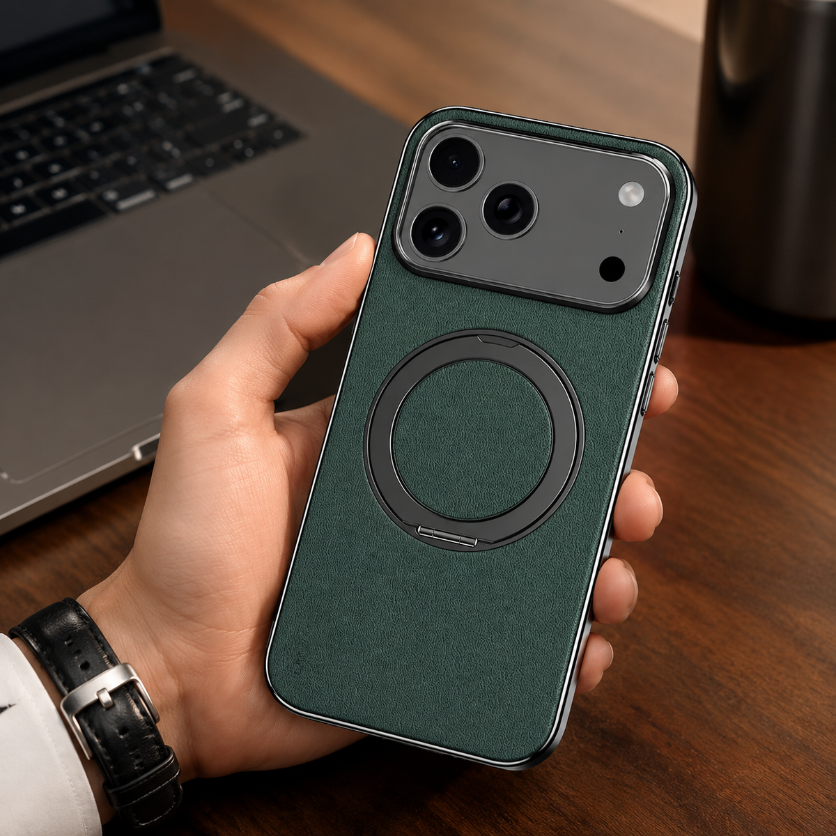 Premium iPhone Case MagSafe Cowhide Leather Magnetic Ring Holder Shockproof Protective Cover Camera Lens Protection PC TPU Anti Scratch Slim Grip
