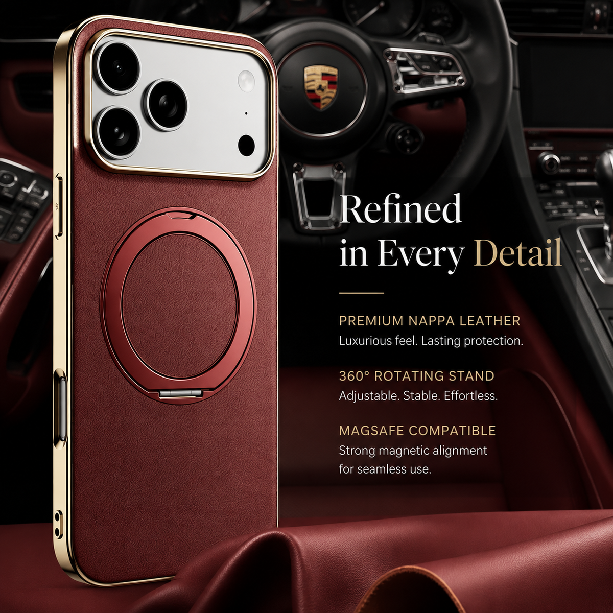 Premium iPhone Case MagSafe Cowhide Leather Magnetic Ring Holder Shockproof Protective Cover Camera Lens Protection PC TPU Anti Scratch Slim Grip