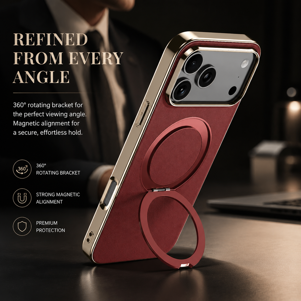 Premium iPhone Case MagSafe Cowhide Leather Magnetic Ring Holder Shockproof Protective Cover Camera Lens Protection PC TPU Anti Scratch Slim Grip
