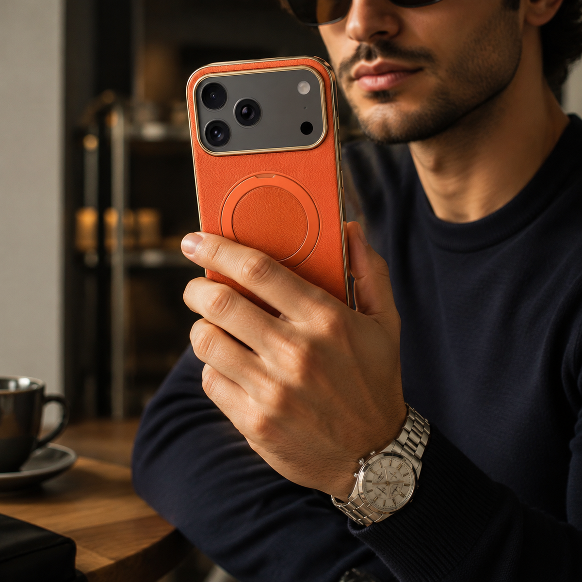 Premium iPhone Case MagSafe Cowhide Leather Magnetic Ring Holder Shockproof Protective Cover Camera Lens Protection PC TPU Anti Scratch Slim Grip