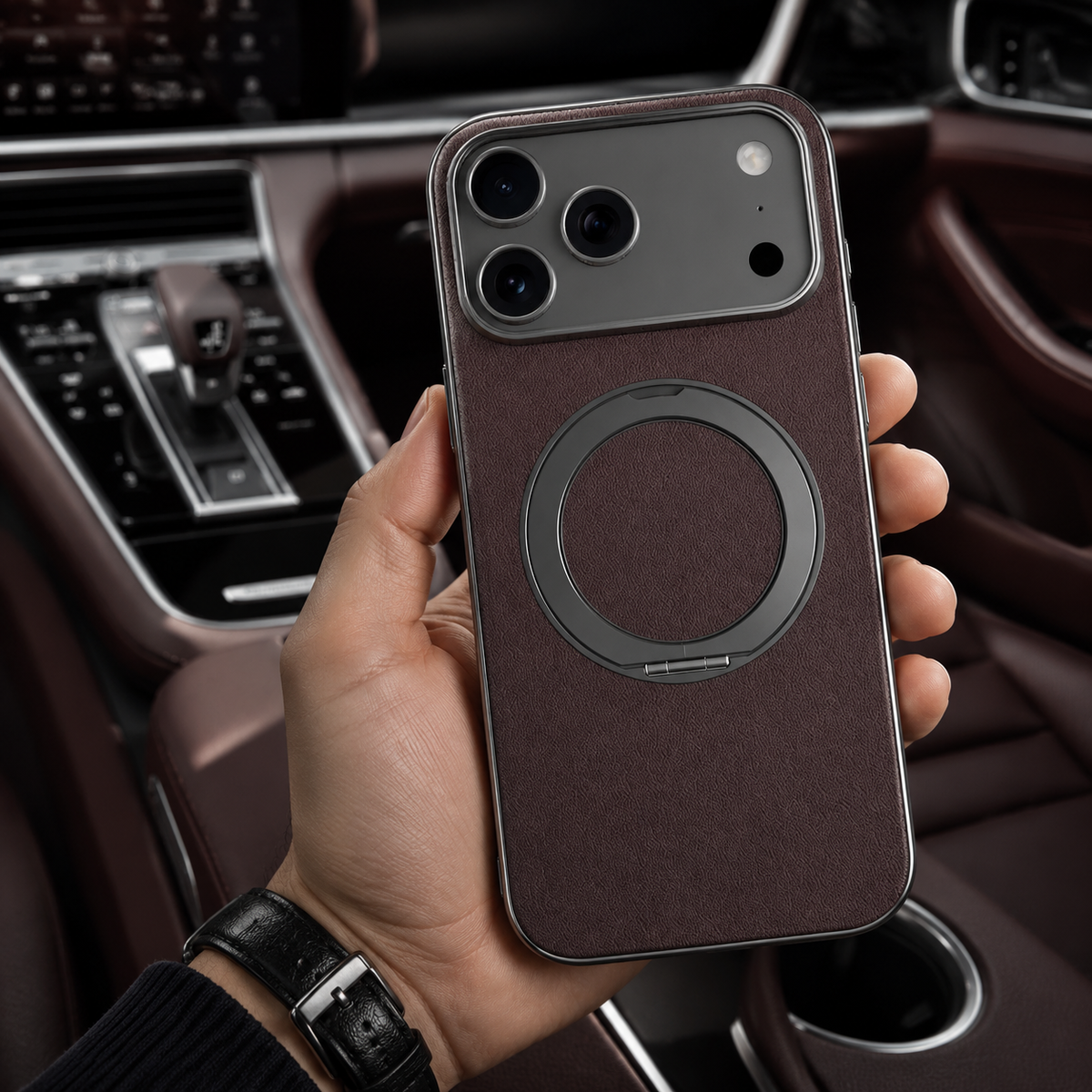 Premium iPhone Case MagSafe Cowhide Leather Magnetic Ring Holder Shockproof Protective Cover Camera Lens Protection PC TPU Anti Scratch Slim Grip
