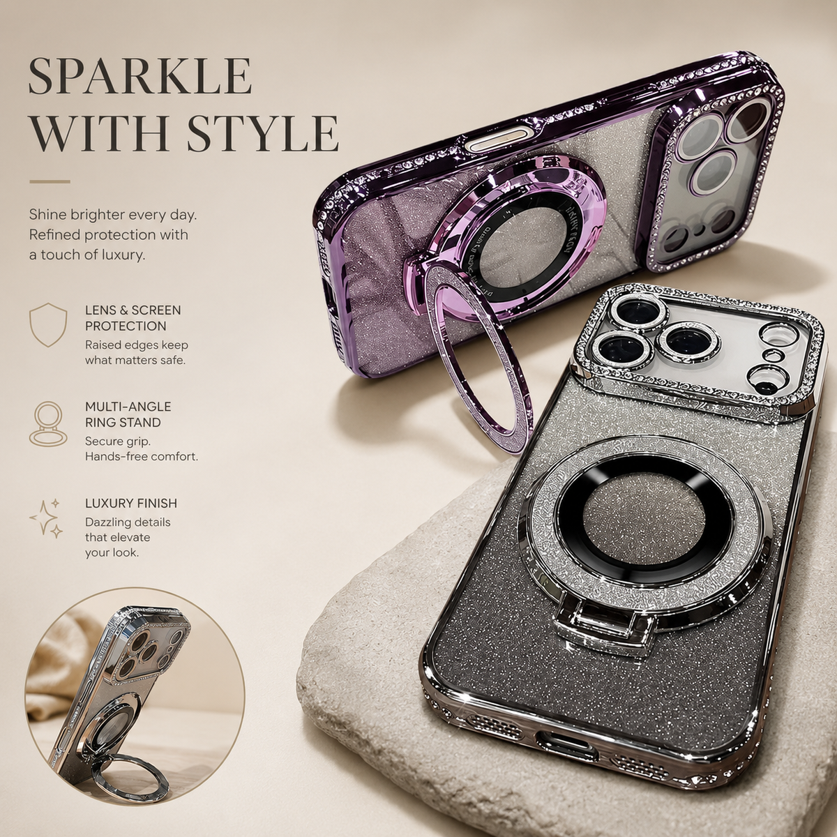 Premium iPhone Case MagSafe Diamond Glitter Clear Magnetic Stand Lens Protection Soft TPU Sparkling Shockproof Protective Cover for iPhone