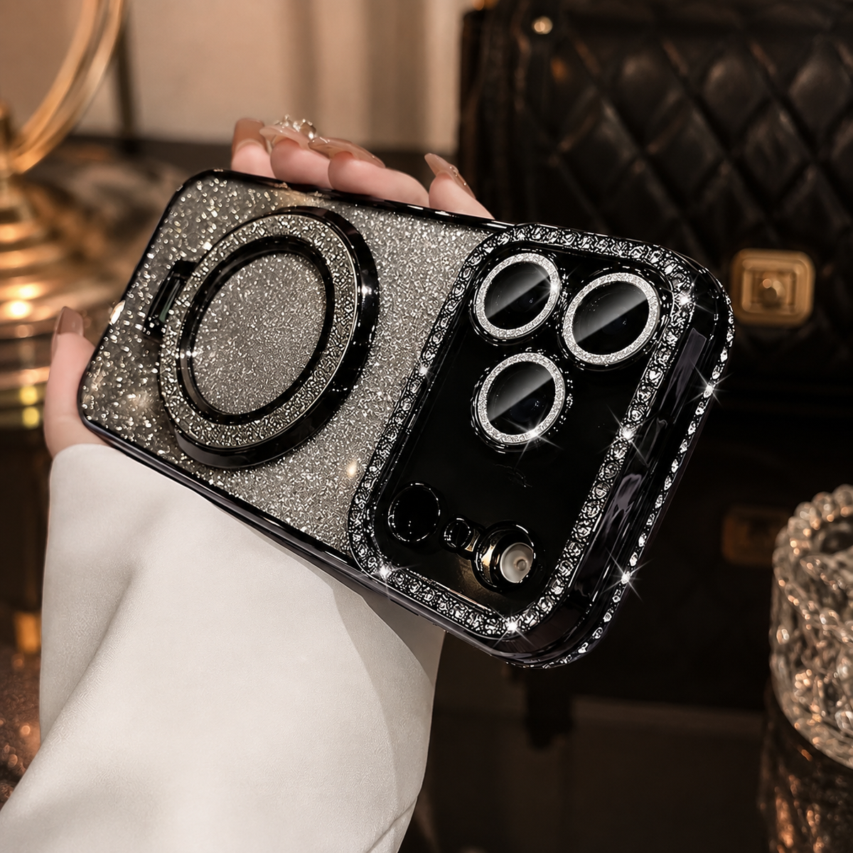 Premium iPhone Case MagSafe Diamond Glitter Clear Magnetic Stand Lens Protection Soft TPU Sparkling Shockproof Protective Cover for iPhone