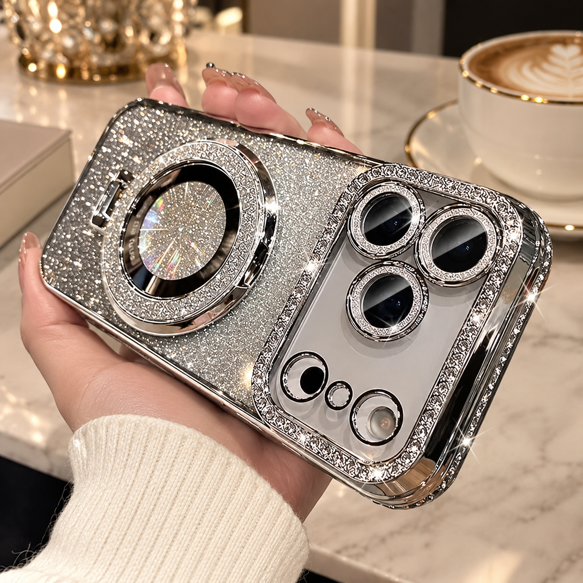 Premium iPhone Case MagSafe Diamond Glitter Clear Magnetic Stand Lens Protection Soft TPU Sparkling Shockproof Protective Cover for iPhone