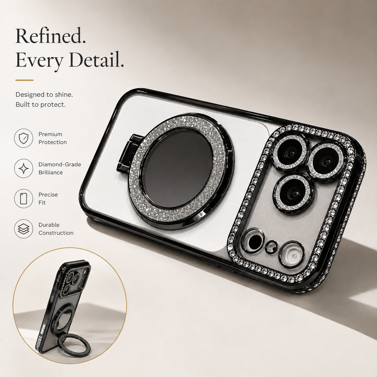 Premium iPhone Case MagSafe Diamond Glitter Mirror Magnetic Stand Clear Shockproof PC TPU Sparkling Ring Holder Protective Cover Slim Case