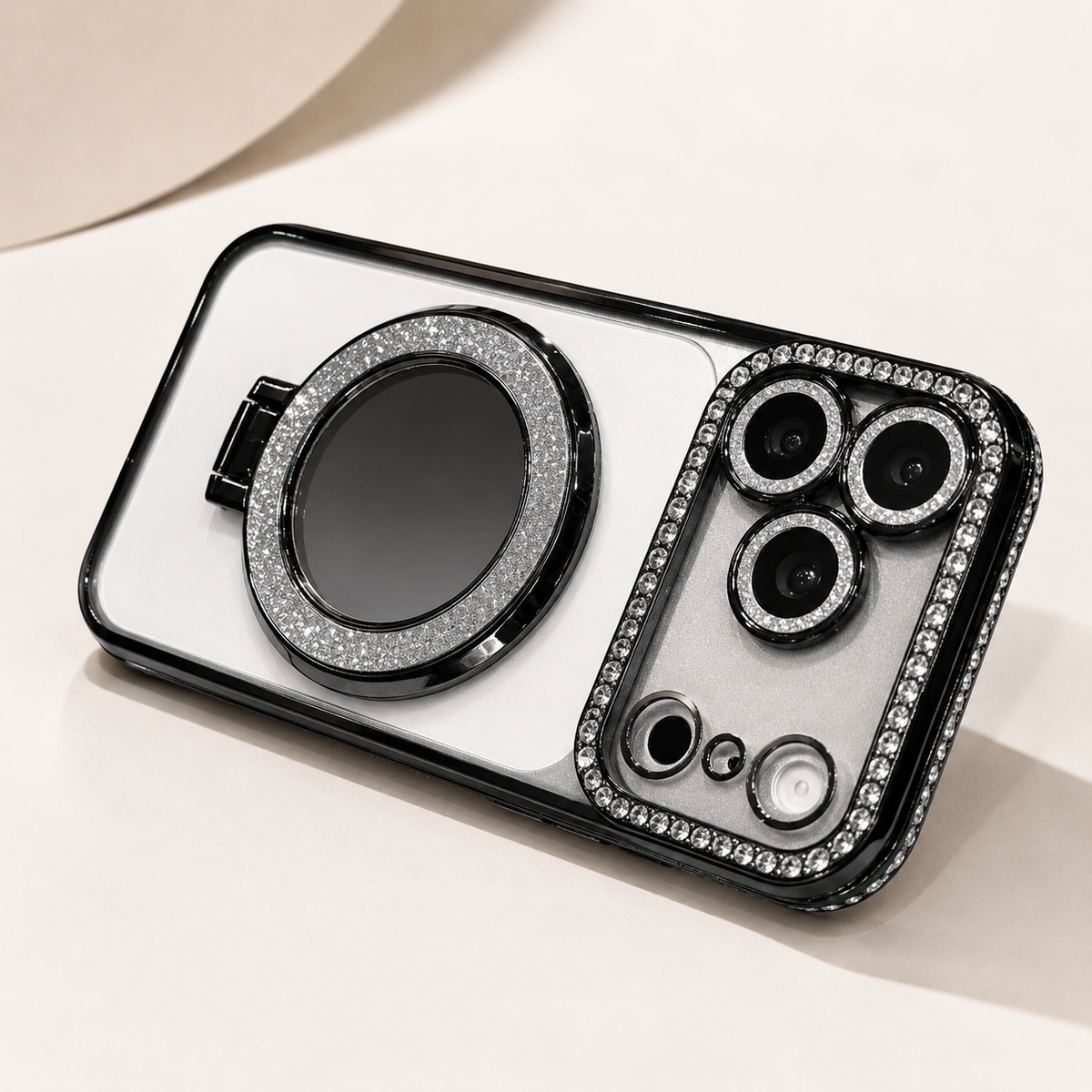 Premium iPhone Case MagSafe Diamond Glitter Mirror Magnetic Stand Clear Shockproof PC TPU Sparkling Ring Holder Protective Cover Slim Case