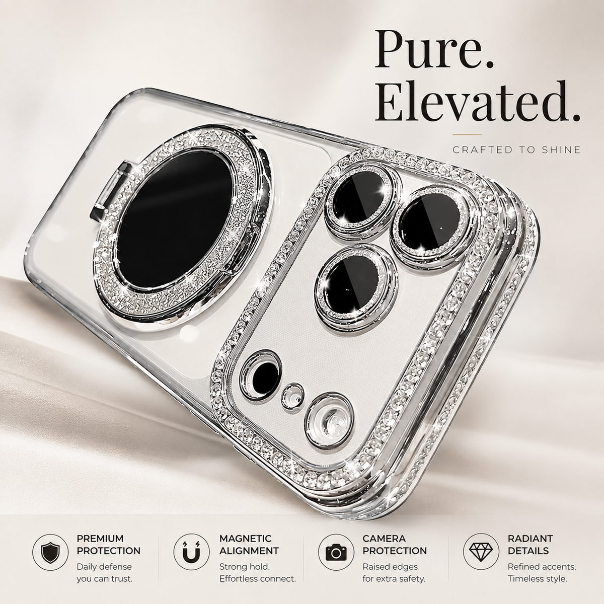 Premium iPhone Case MagSafe Diamond Mirror Stand Glitter Clear TPU Magnetic Holder Transparent Sparkling Lens Protective Cover Anti Scratch Slim Case