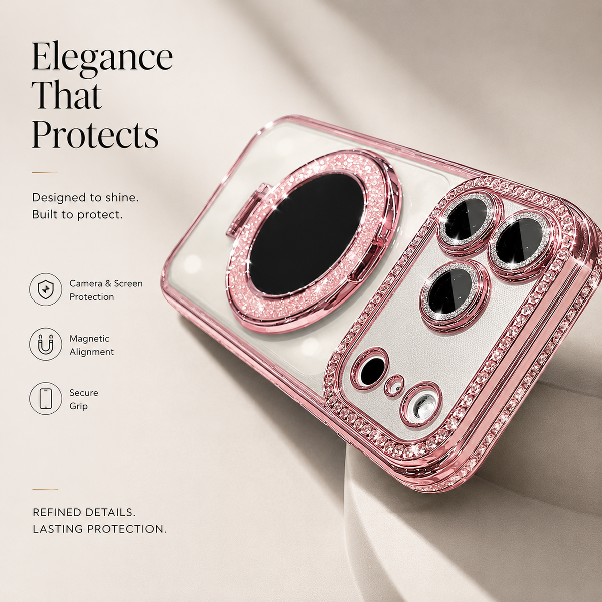 Premium iPhone Case MagSafe Diamond Mirror Stand Glitter Clear TPU Magnetic Holder Transparent Sparkling Lens Protective Cover Anti Scratch Slim Case