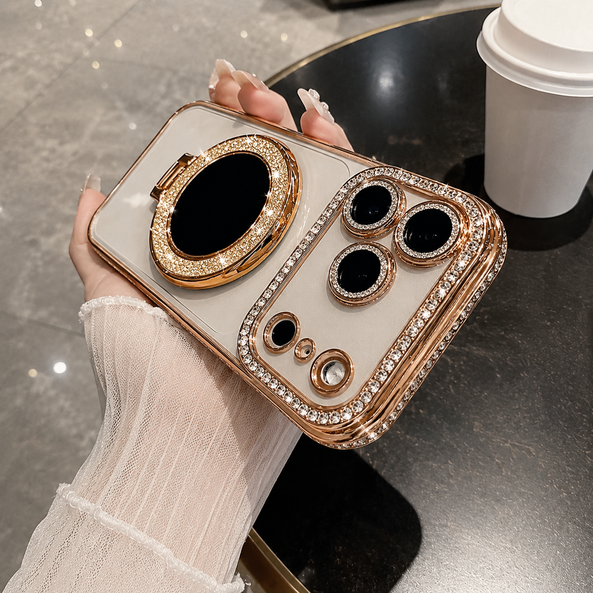 Premium iPhone Case MagSafe Diamond Mirror Stand Glitter Clear TPU Magnetic Holder Transparent Sparkling Lens Protective Cover Anti Scratch Slim Case