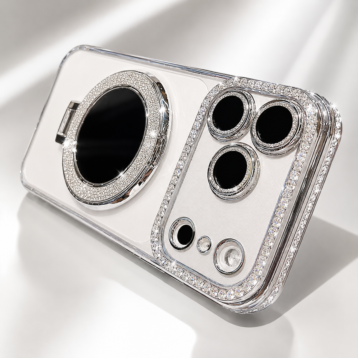 Premium iPhone Case MagSafe Diamond Mirror Stand Glitter Clear TPU Magnetic Holder Transparent Sparkling Lens Protective Cover Anti Scratch Slim Case