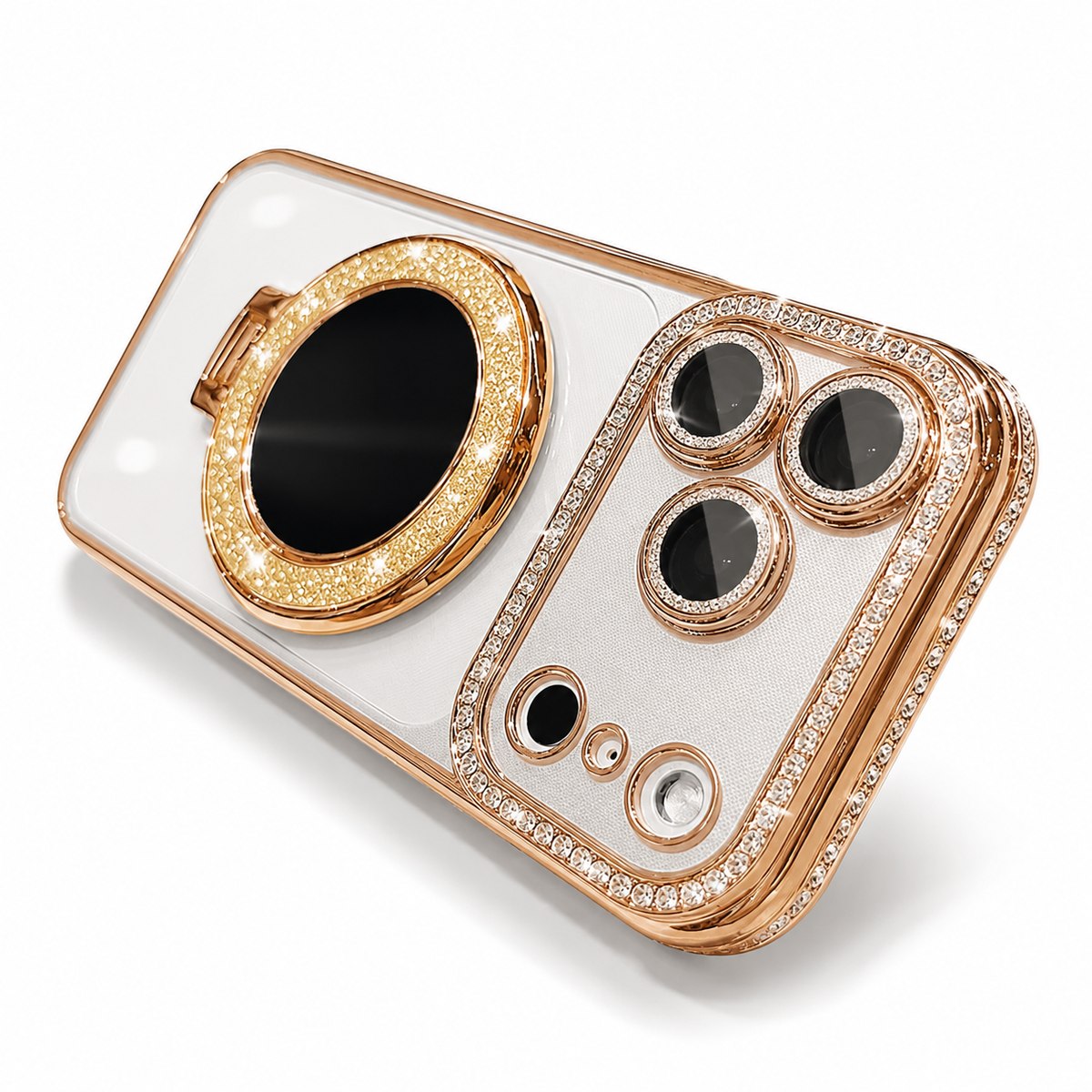 Premium iPhone Case MagSafe Diamond Mirror Stand Glitter Clear TPU Magnetic Holder Transparent Sparkling Lens Protective Cover Anti Scratch Slim Case