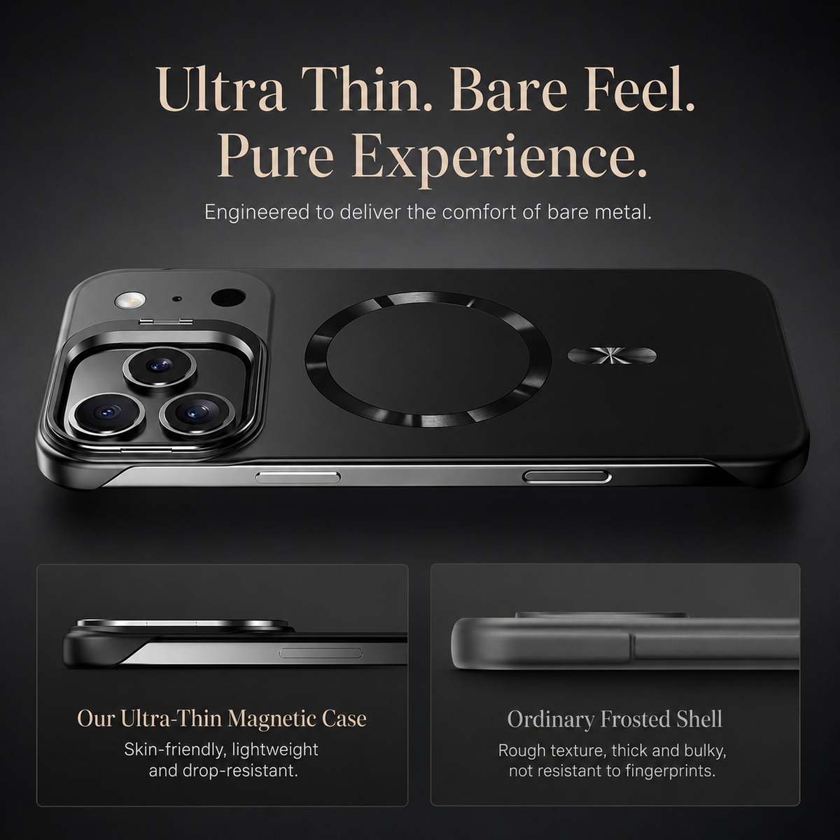 Premium iPhone Case MagSafe Frameless Metal Lens Holder Magnetic Ultra Thin Matte PC Anti Scratch Non Slip Lightweight Full Coverage Protective Cover