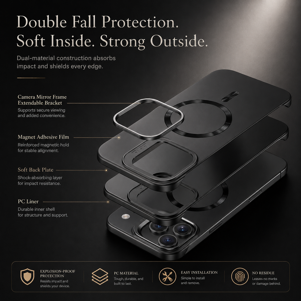 Premium iPhone Case MagSafe Frameless Metal Lens Holder Magnetic Ultra Thin Matte PC Anti Scratch Non Slip Lightweight Full Coverage Protective Cover