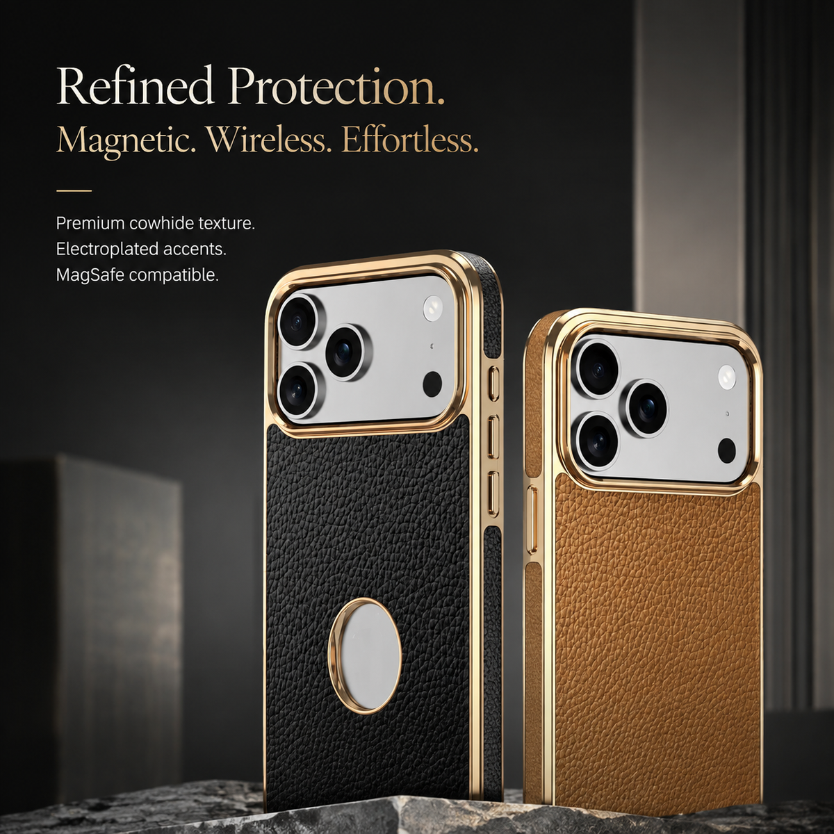Premium iPhone Case MagSafe Genuine Cowhide Leather Slim Protective Cover Lychee Texture Anti Fingerprint Non Slip Camera Protection Magnetic Lightweight