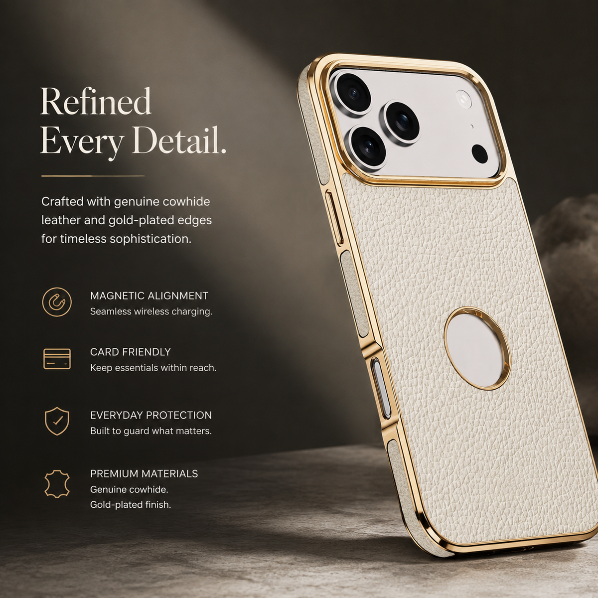 Premium iPhone Case MagSafe Genuine Cowhide Leather Slim Protective Cover Lychee Texture Anti Fingerprint Non Slip Camera Protection Magnetic Lightweight