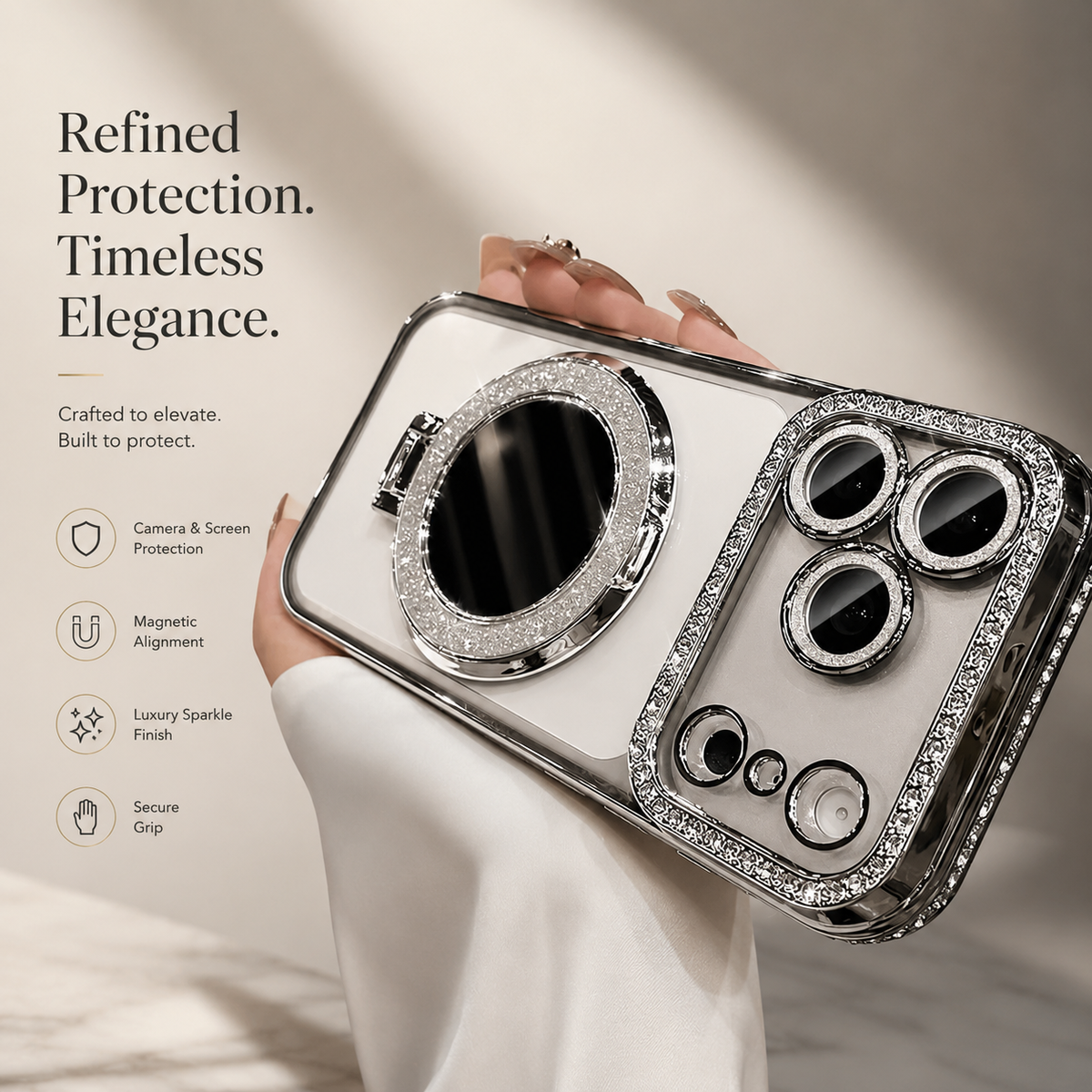 Premium iPhone Case MagSafe Glitter Clear Mirror Magnetic Ring Stand Lens Film Soft TPU Sparkling Protective Cover Anti Scratch Slim Holder Case