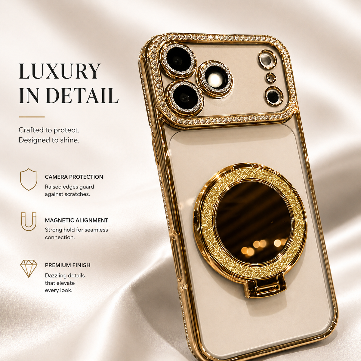 Premium iPhone Case MagSafe Glitter Clear Mirror Magnetic Ring Stand Lens Film Soft TPU Sparkling Protective Cover Anti Scratch Slim Holder Case