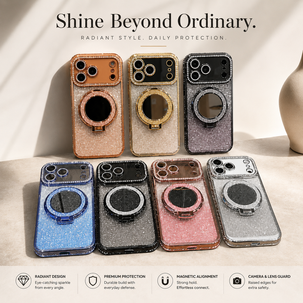 Premium iPhone Case MagSafe Glitter Clear Mirror Magnetic Ring Stand Lens Film Soft TPU Sparkling Protective Cover Anti Scratch Slim Holder Case