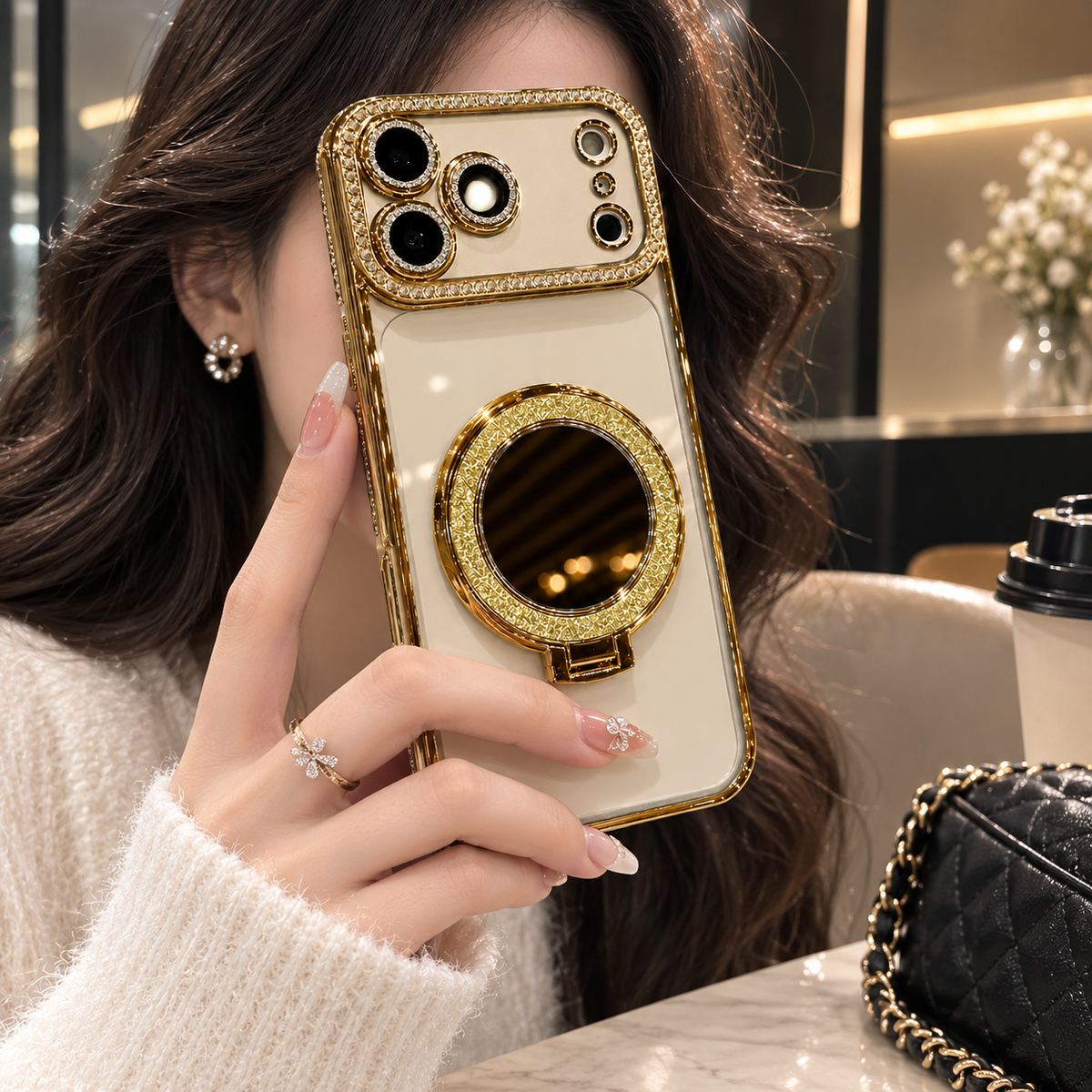 Premium iPhone Case MagSafe Glitter Clear Mirror Magnetic Ring Stand Lens Film Soft TPU Sparkling Protective Cover Anti Scratch Slim Holder Case