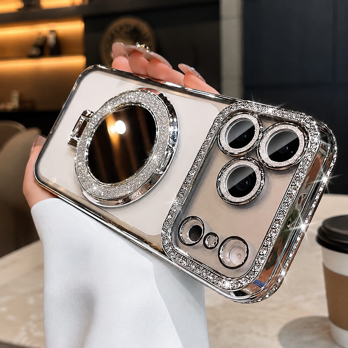 Premium iPhone Case MagSafe Glitter Clear Mirror Magnetic Ring Stand Lens Film Soft TPU Sparkling Protective Cover Anti Scratch Slim Holder Case
