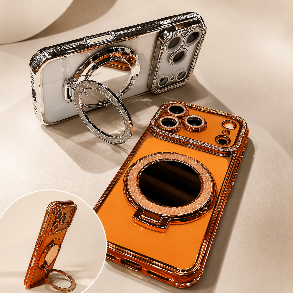 Premium iPhone Case MagSafe Glitter Clear Mirror Magnetic Ring Stand Lens Film Soft TPU Sparkling Protective Cover Anti Scratch Slim Holder Case