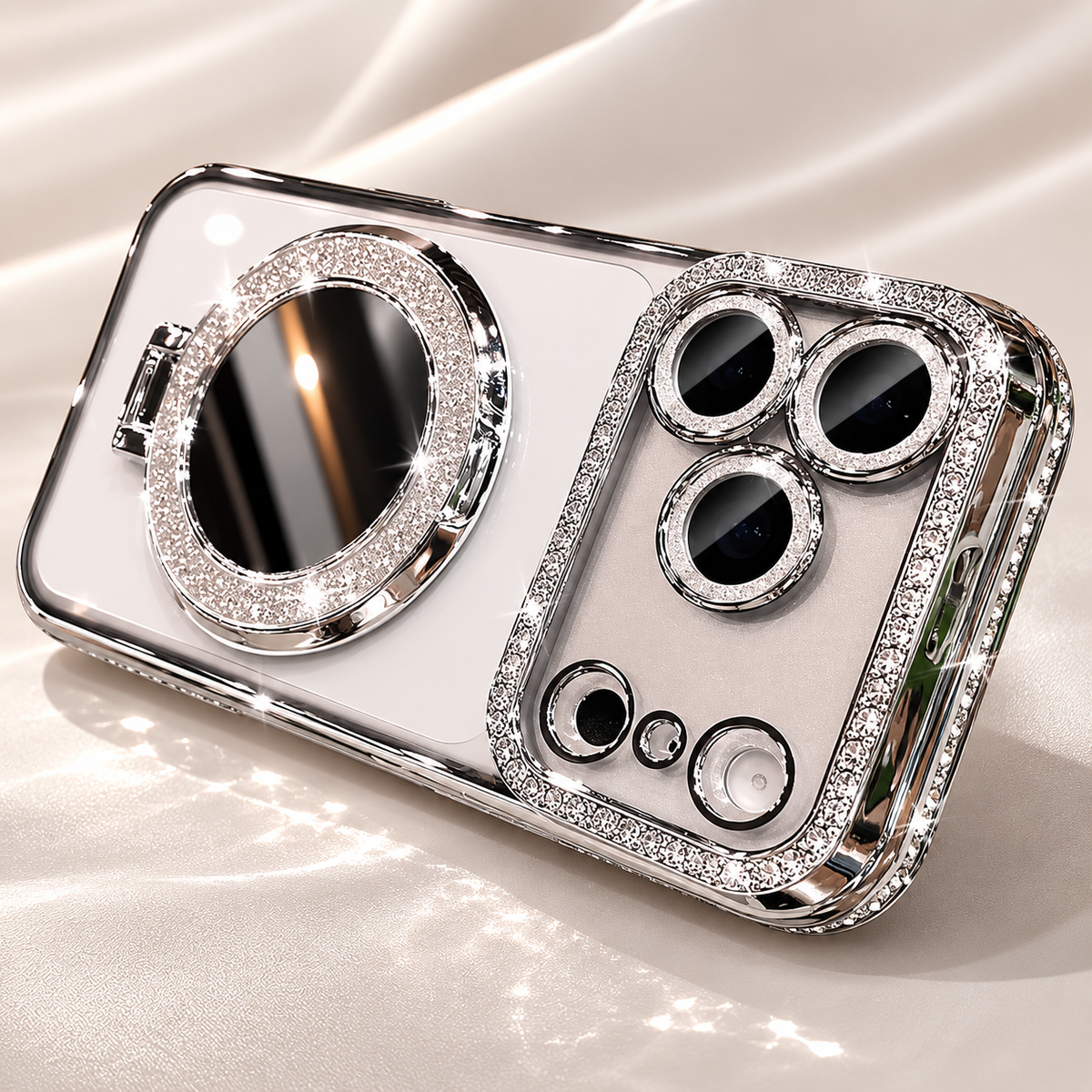 Premium iPhone Case MagSafe Glitter Clear Mirror Magnetic Ring Stand Lens Film Soft TPU Sparkling Protective Cover Anti Scratch Slim Holder Case