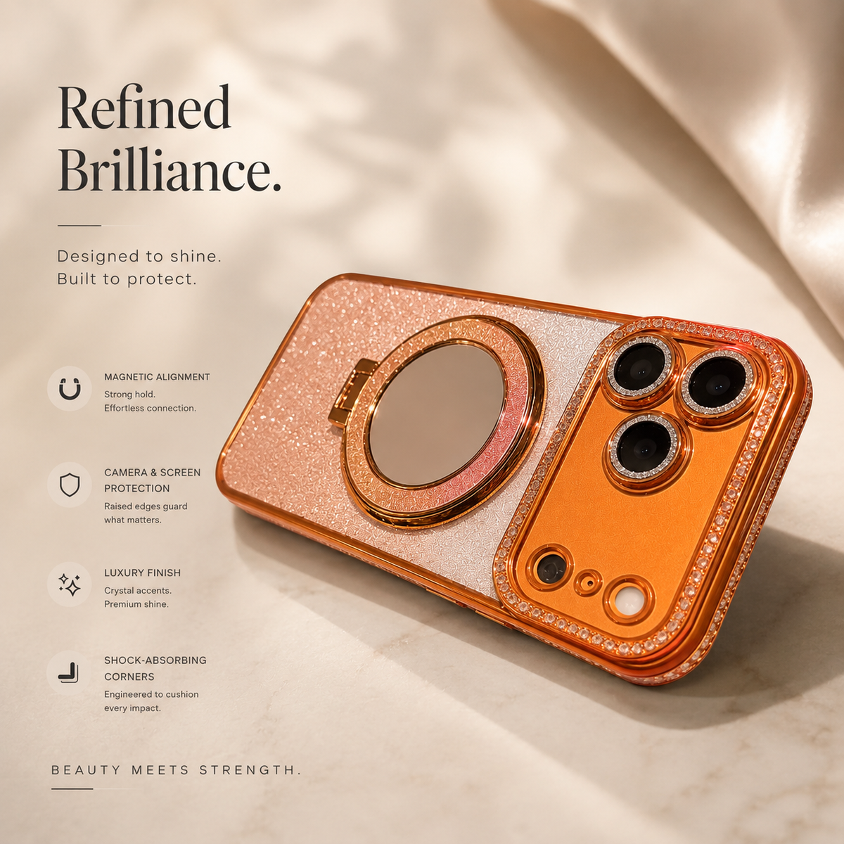 Premium iPhone Case MagSafe Glitter Clear Mirror Magnetic Ring Stand Lens Film Soft TPU Sparkling Protective Cover Anti Scratch Slim Holder Case