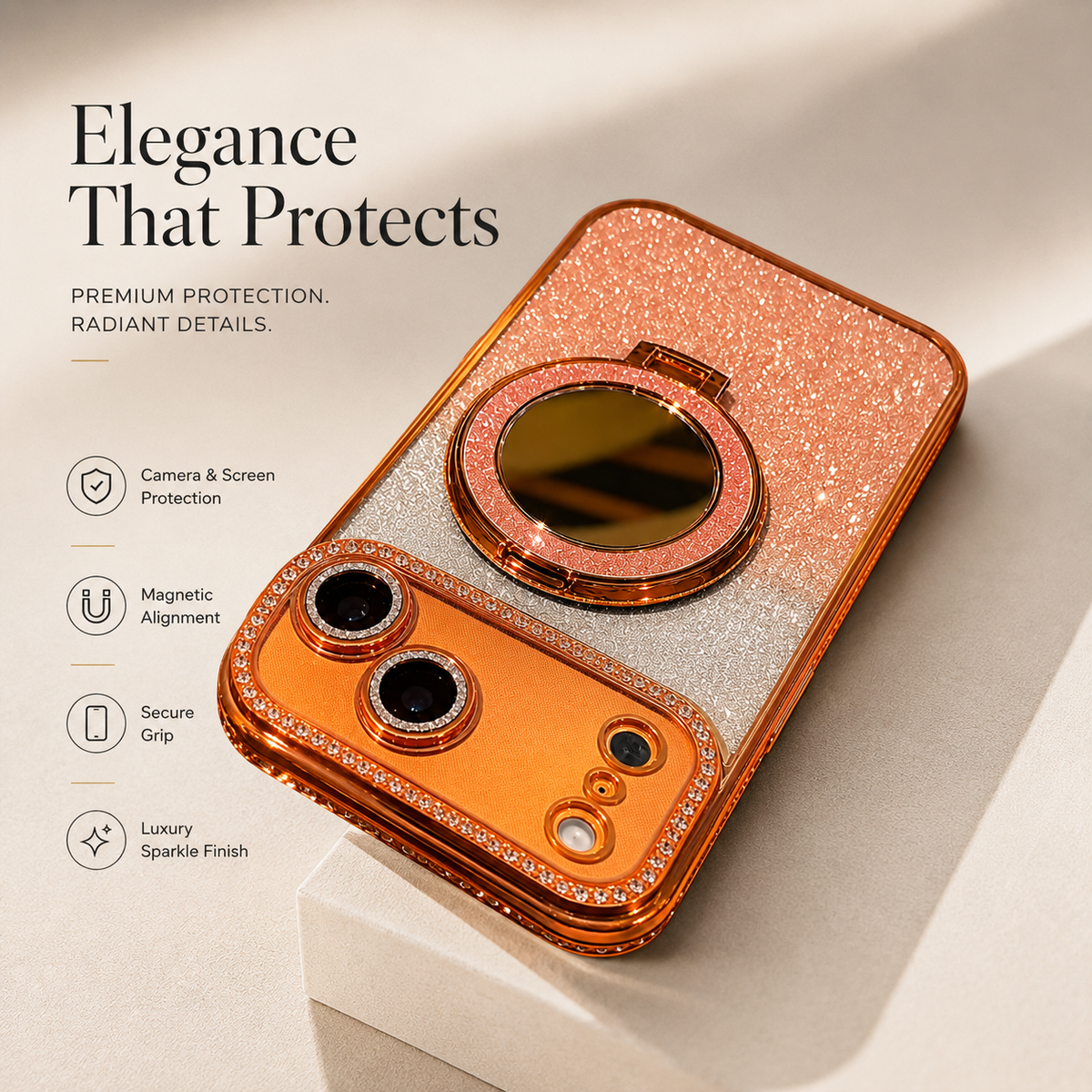 Premium iPhone Case MagSafe Glitter Diamond Clear Mirror Magnetic Ring Holder PC TPU Sparkling Stand Shockproof Protective Cover Anti Scratch Slim Case