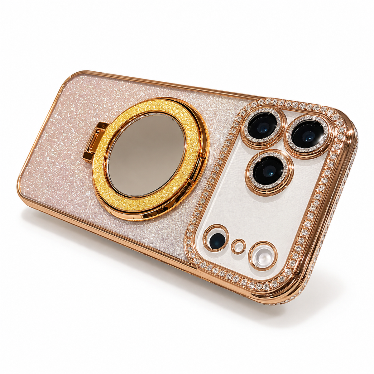 Premium iPhone Case MagSafe Glitter Diamond Clear Mirror Magnetic Ring Holder PC TPU Sparkling Stand Shockproof Protective Cover Anti Scratch Slim Case