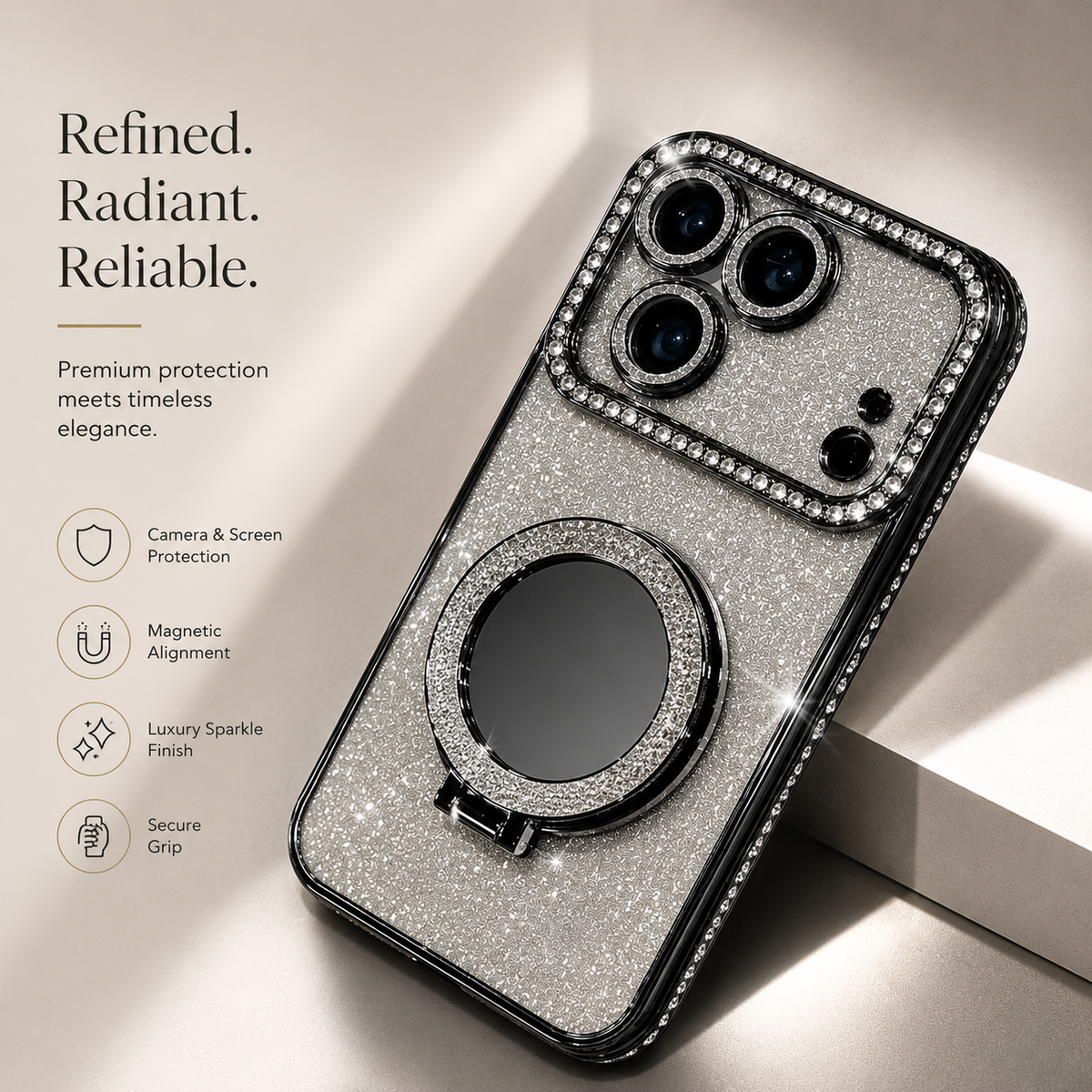 Premium iPhone Case MagSafe Glitter Diamond Mirror Magnetic Bracket Stand Makeup Lens Film Anti Scratch Non Slip Jewelled Protective Cover