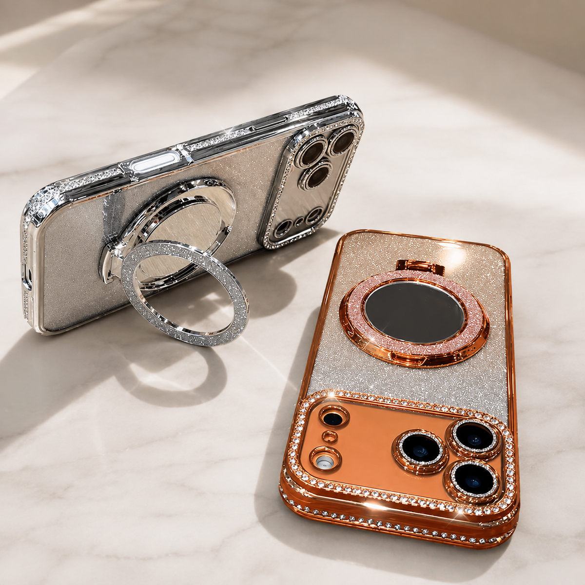 Premium iPhone Case MagSafe Glitter Diamond Mirror Magnetic Bracket Stand Makeup Lens Film Anti Scratch Non Slip Jewelled Protective Cover