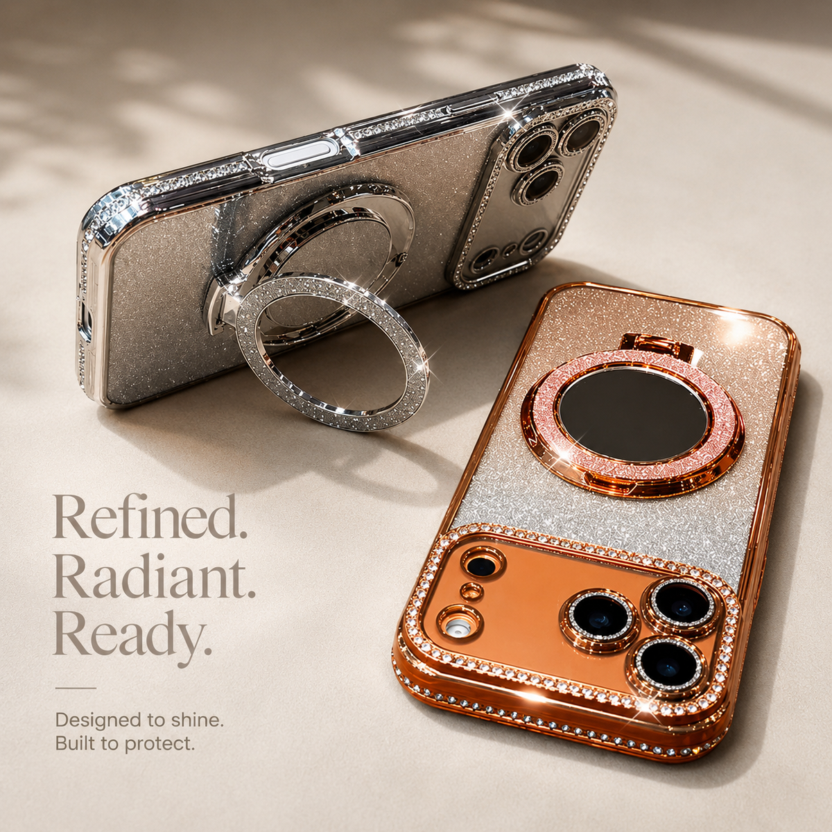 Premium iPhone Case MagSafe Glitter Diamond Mirror Magnetic Bracket Stand Makeup Lens Film Anti Scratch Non Slip Jewelled Protective Cover