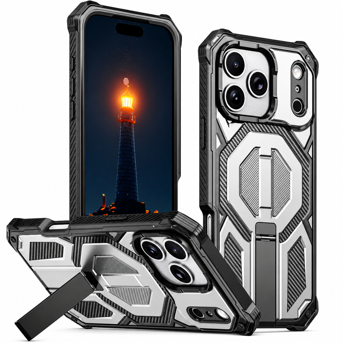Premium iPhone Case MagSafe Heavy Duty Armor Magnetic Metal Stand Shockproof PC TPU Dual Layer Matte Non Slip Rugged Protective Bumper Cover Case