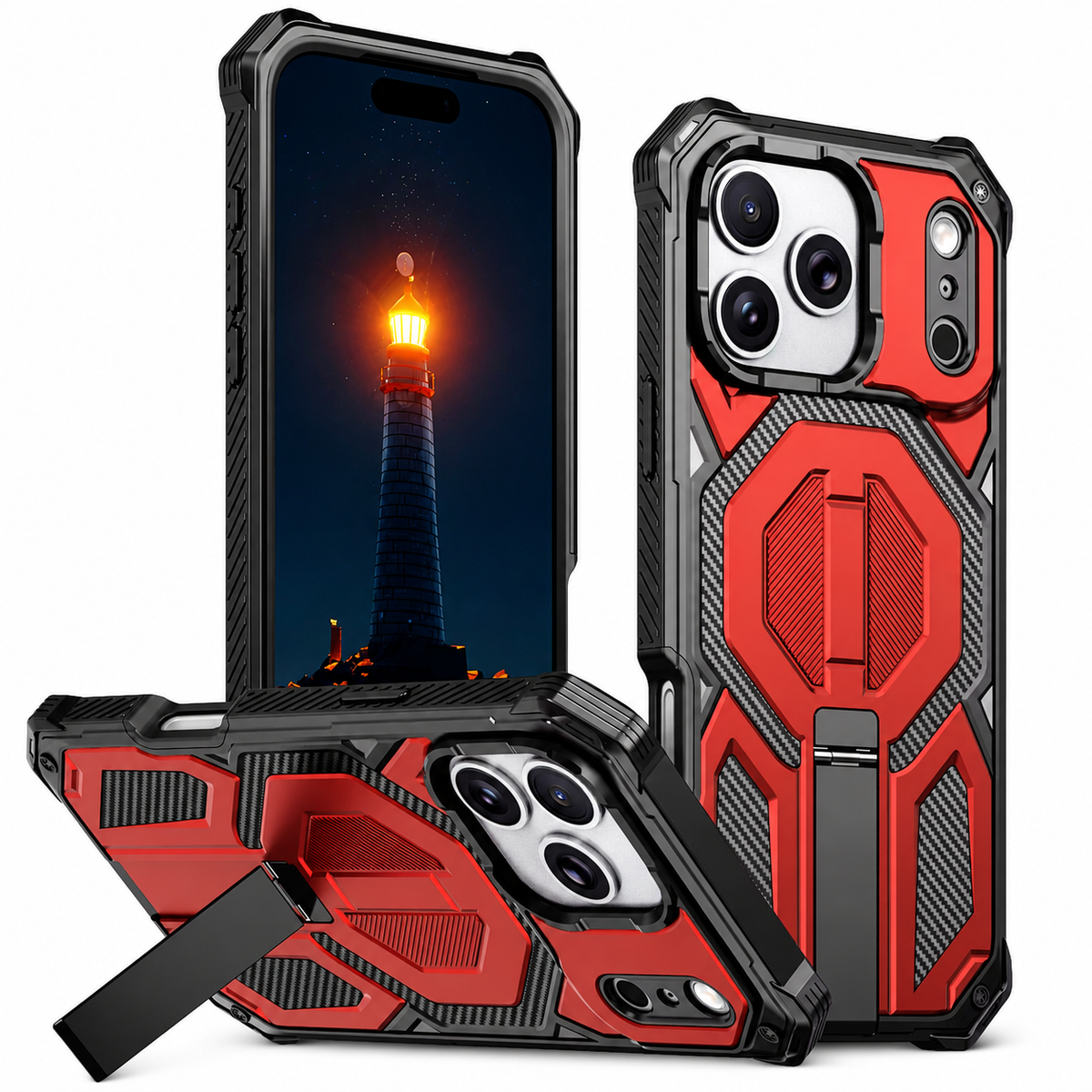 Premium iPhone Case MagSafe Heavy Duty Armor Magnetic Metal Stand Shockproof PC TPU Dual Layer Matte Non Slip Rugged Protective Bumper Cover Case