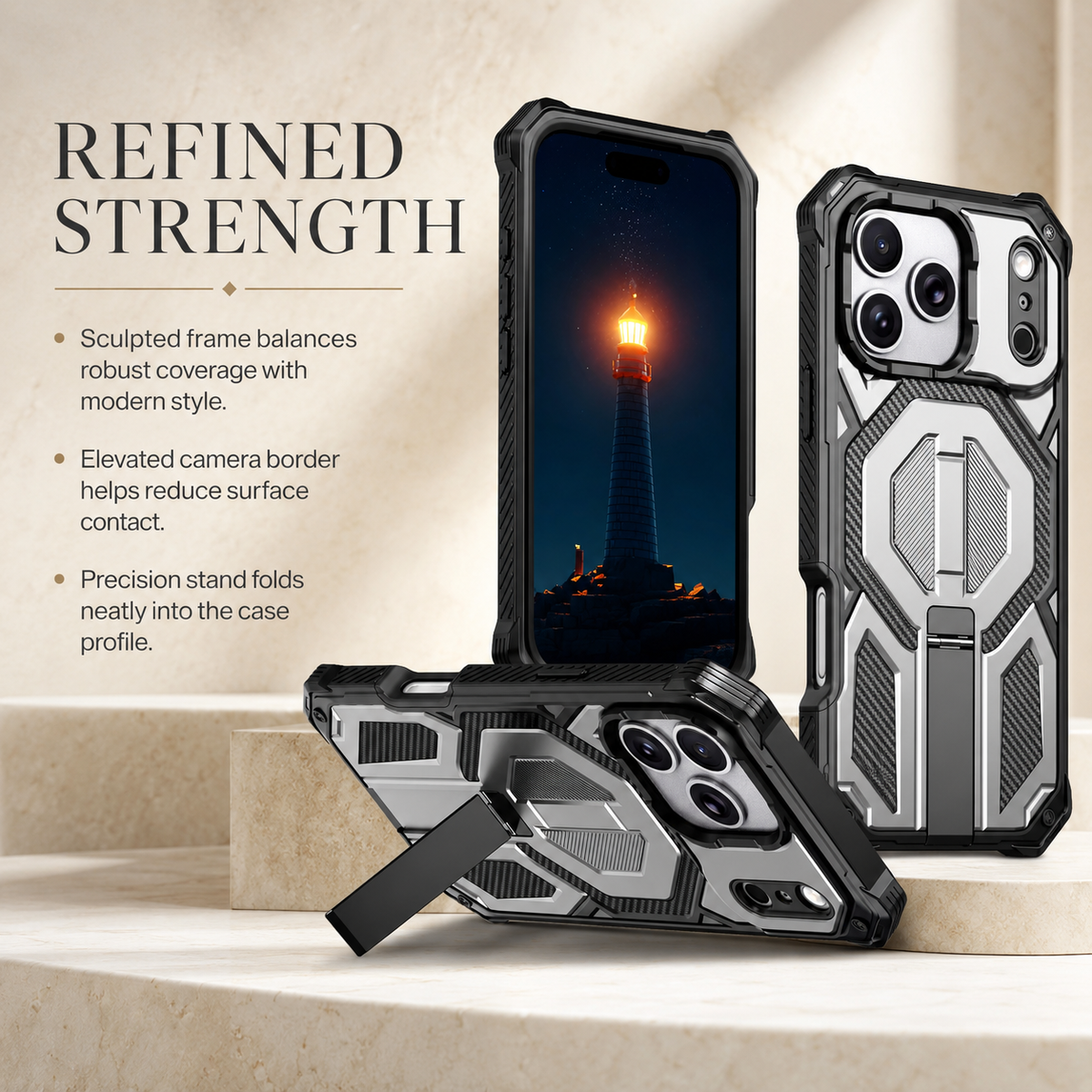 Premium iPhone Case MagSafe Heavy Duty Armor Magnetic Metal Stand Shockproof PC TPU Dual Layer Matte Non Slip Rugged Protective Bumper Cover Case