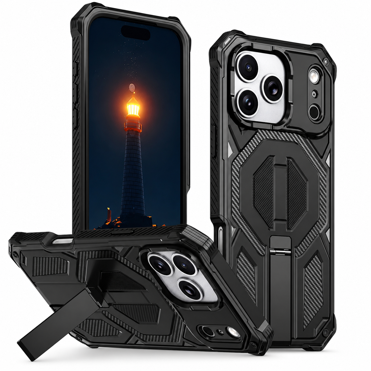 Premium iPhone Case MagSafe Heavy Duty Armor Magnetic Metal Stand Shockproof PC TPU Dual Layer Matte Non Slip Rugged Protective Bumper Cover Case