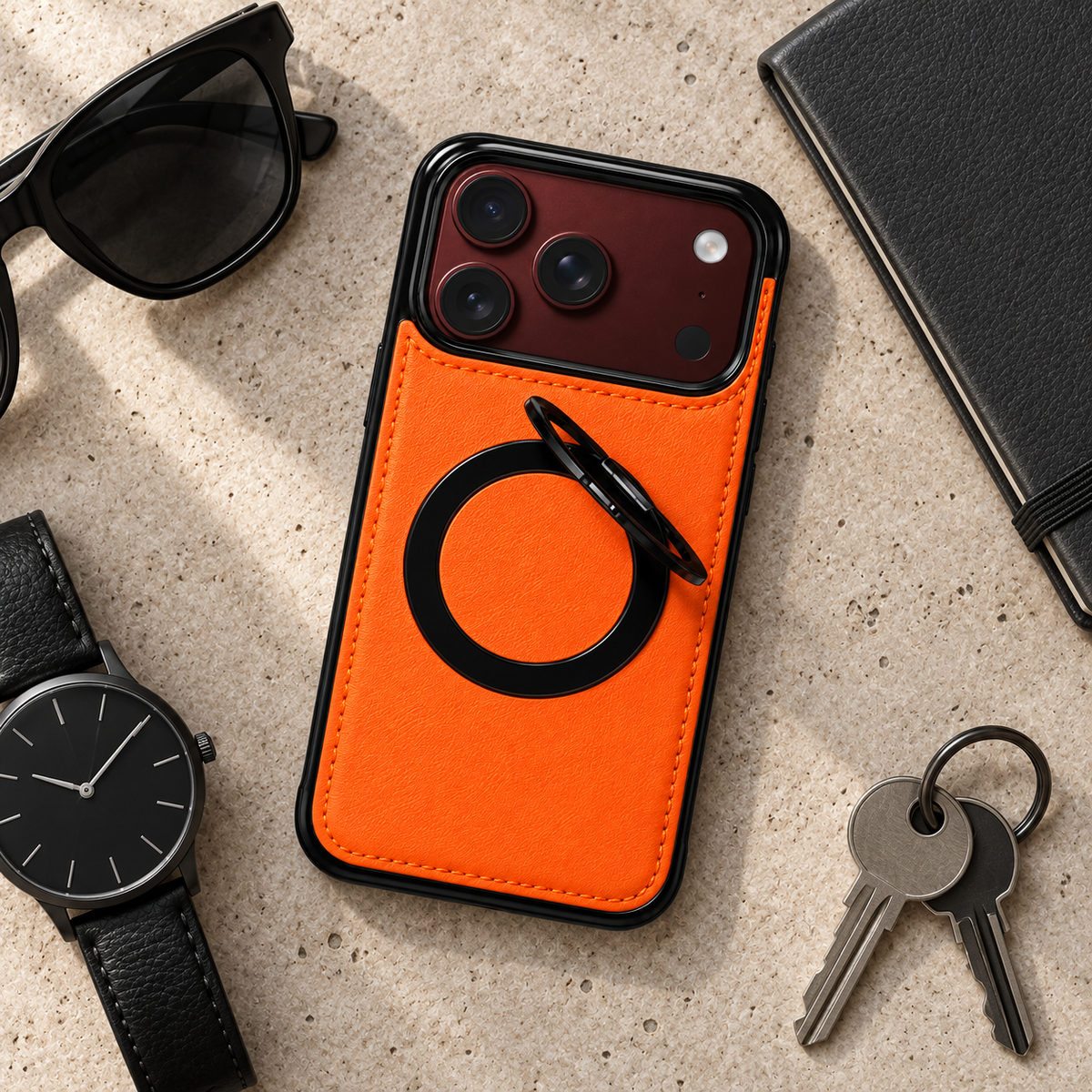 Premium iPhone Case MagSafe Hinge Protection 360 Rotating Ring Holder PU Leather PC TPU Shockproof Non Slip Lightweight Foldable Kickstand Cover