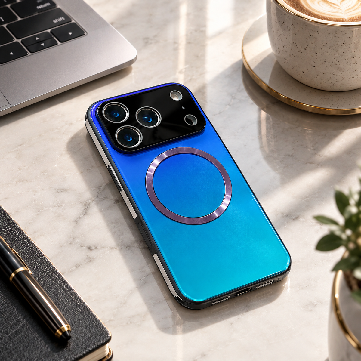 Premium iPhone Case MagSafe Large Window Gradient Magnetic Shockproof Acrylic PC TPU Protective Cover Reflective Glitter Anti Scratch Soft Bumper Case