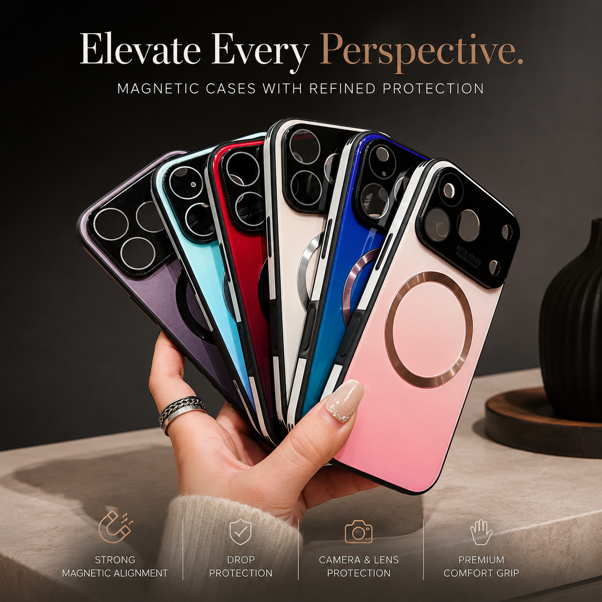 Premium iPhone Case MagSafe Large Window Gradient Magnetic Shockproof Acrylic PC TPU Protective Cover Reflective Glitter Anti Scratch Soft Bumper Case