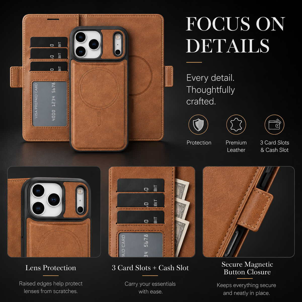 Premium iPhone Case MagSafe Leather Wallet Flip Card Holder Magnetic Shockproof Protective Cover Matte Anti Fingerprint Anti Scratch Slim Non Slip