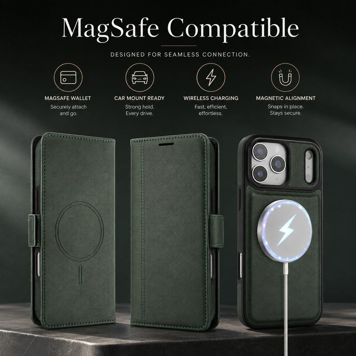 Premium iPhone Case MagSafe Leather Wallet Flip Card Holder Magnetic Shockproof Protective Cover Matte Anti Fingerprint Anti Scratch Slim Non Slip